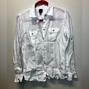 Saks Fifth Avenue 100% Linen Collared Button Down Shirt White